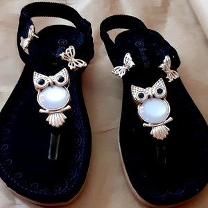 Black T-strap Flat Sandals with embellishments